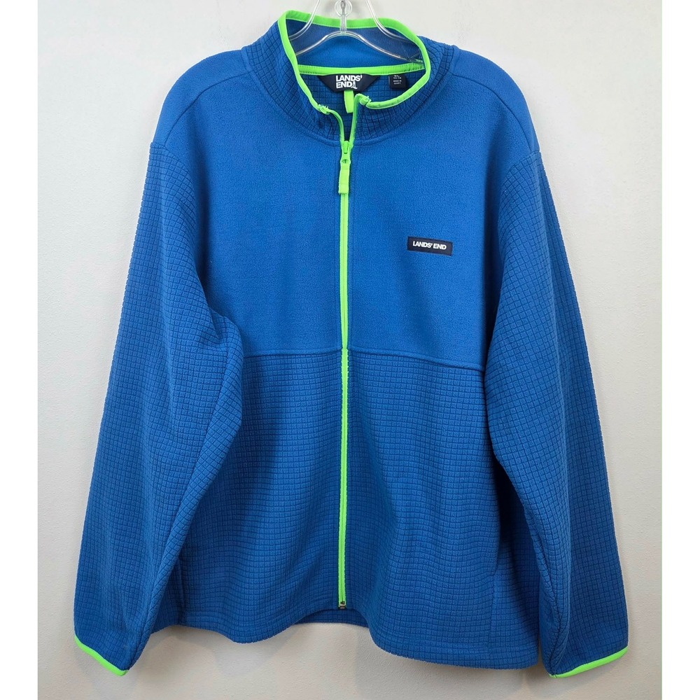 Lands End Mens XL Blue Grid Textured Full Zip Fleece Jacket Neon Green Trim